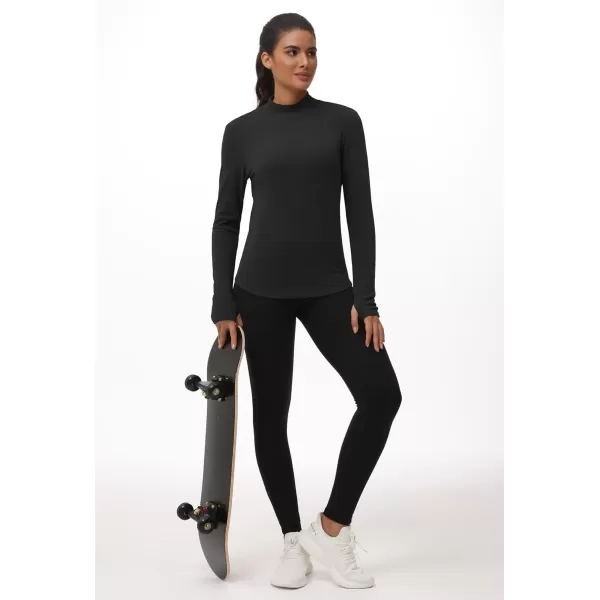 THE GYM PEOPLE Fleece Mock Turtleneck Pullover Base Layer Shirts Long Sleeve Workout Tops with Thumb HoleBlack
