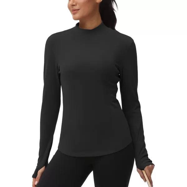 THE GYM PEOPLE Fleece Mock Turtleneck Pullover Base Layer Shirts Long Sleeve Workout Tops with Thumb HoleBlack