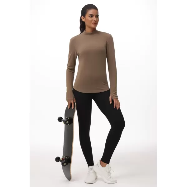 THE GYM PEOPLE Fleece Mock Turtleneck Pullover Base Layer Shirts Long Sleeve Workout Tops with Thumb HoleBrown