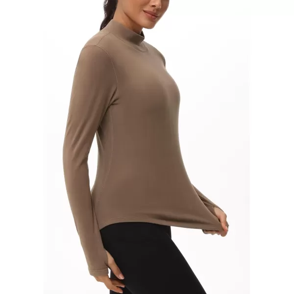 THE GYM PEOPLE Fleece Mock Turtleneck Pullover Base Layer Shirts Long Sleeve Workout Tops with Thumb HoleBrown