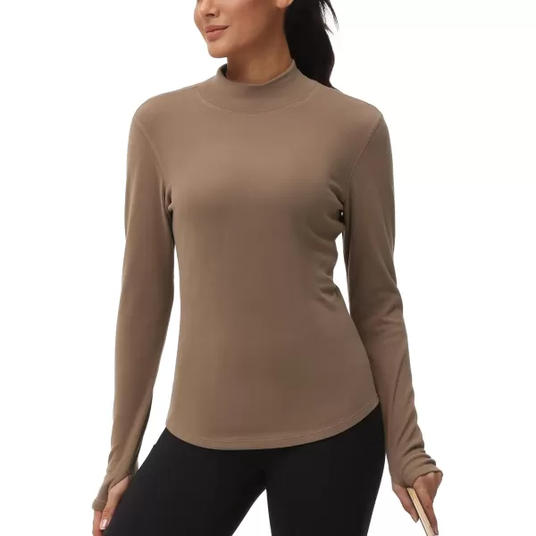 THE GYM PEOPLE Fleece Mock Turtleneck Pullover Base Layer Shirts Long Sleeve Workout Tops with Thumb HoleBrown