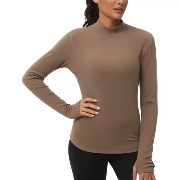 THE GYM PEOPLE Fleece Mock Turtleneck Pullover Base Layer Shirts Long Sleeve Workout Tops with Thumb HoleBrown