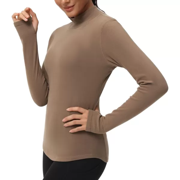 THE GYM PEOPLE Fleece Mock Turtleneck Pullover Base Layer Shirts Long Sleeve Workout Tops with Thumb HoleBrown