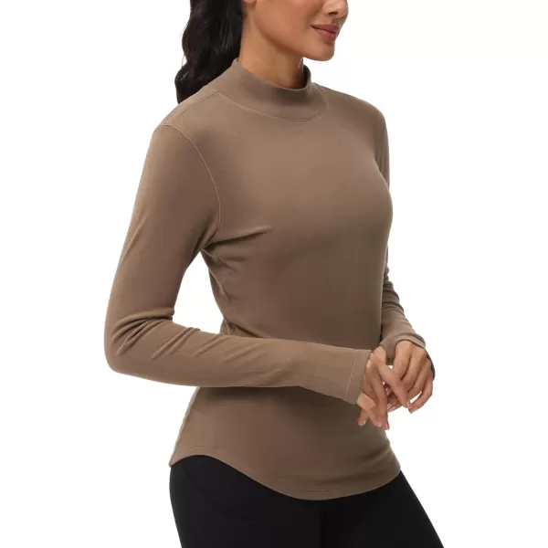 THE GYM PEOPLE Fleece Mock Turtleneck Pullover Base Layer Shirts Long Sleeve Workout Tops with Thumb HoleBrown