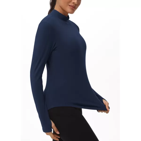 THE GYM PEOPLE Fleece Mock Turtleneck Pullover Base Layer Shirts Long Sleeve Workout Tops with Thumb HoleDark Blue