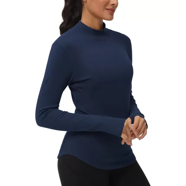 THE GYM PEOPLE Fleece Mock Turtleneck Pullover Base Layer Shirts Long Sleeve Workout Tops with Thumb HoleDark Blue
