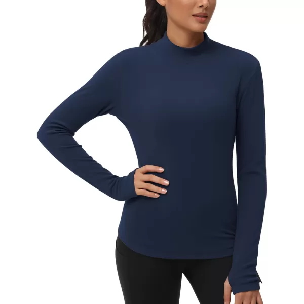 THE GYM PEOPLE Fleece Mock Turtleneck Pullover Base Layer Shirts Long Sleeve Workout Tops with Thumb HoleDark Blue