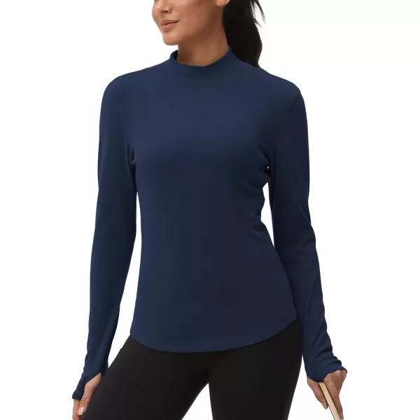 THE GYM PEOPLE Fleece Mock Turtleneck Pullover Base Layer Shirts Long Sleeve Workout Tops with Thumb HoleDark Blue