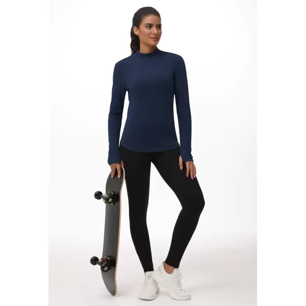 THE GYM PEOPLE Fleece Mock Turtleneck Pullover Base Layer Shirts Long Sleeve Workout Tops with Thumb HoleDark Blue