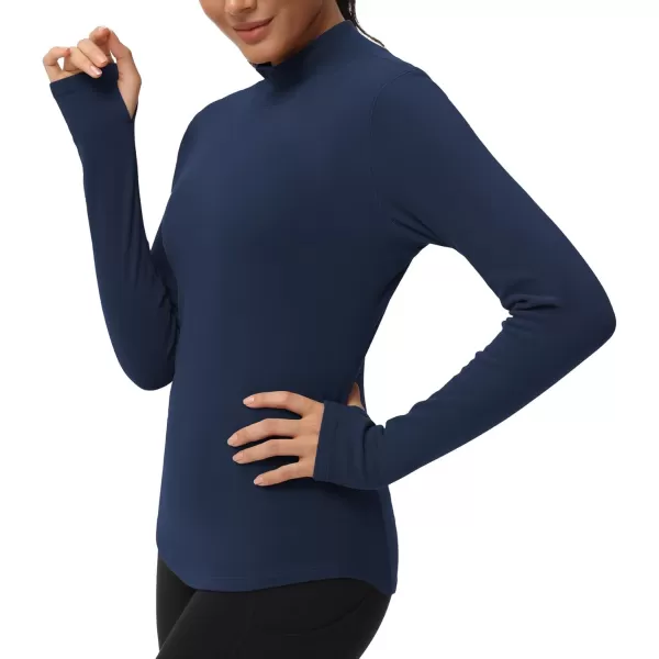 THE GYM PEOPLE Fleece Mock Turtleneck Pullover Base Layer Shirts Long Sleeve Workout Tops with Thumb HoleDark Blue