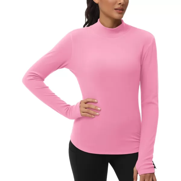 THE GYM PEOPLE Fleece Mock Turtleneck Pullover Base Layer Shirts Long Sleeve Workout Tops with Thumb HolePink