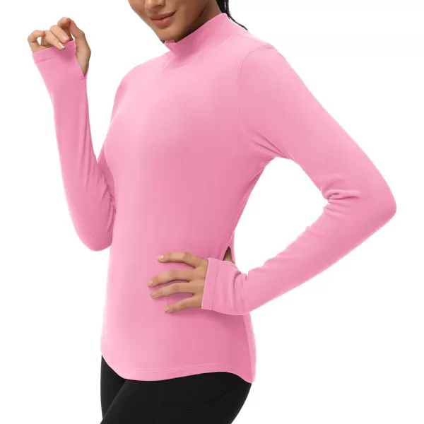 THE GYM PEOPLE Fleece Mock Turtleneck Pullover Base Layer Shirts Long Sleeve Workout Tops with Thumb HolePink