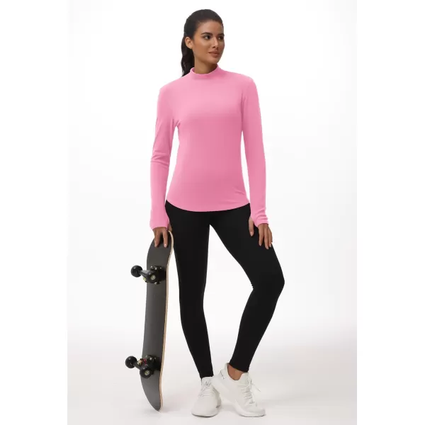 THE GYM PEOPLE Fleece Mock Turtleneck Pullover Base Layer Shirts Long Sleeve Workout Tops with Thumb HolePink