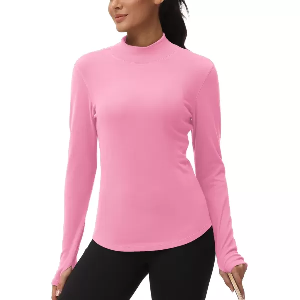 THE GYM PEOPLE Fleece Mock Turtleneck Pullover Base Layer Shirts Long Sleeve Workout Tops with Thumb HolePink