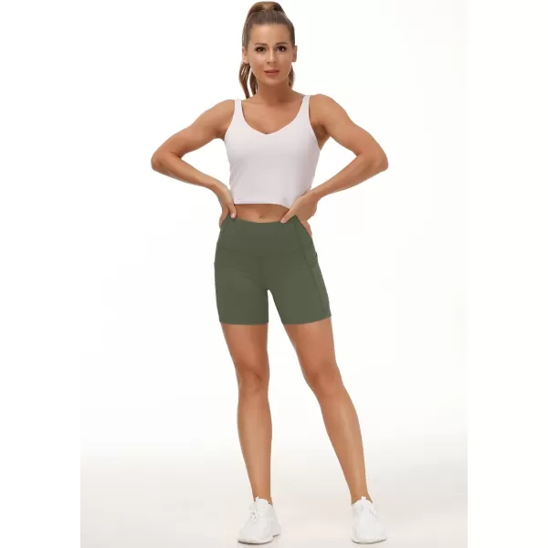 THE GYM PEOPLE High Waist Yoga Shorts for Womens Tummy Control Fitness Athletic Workout Running Shorts with Deep PocketsBean Green