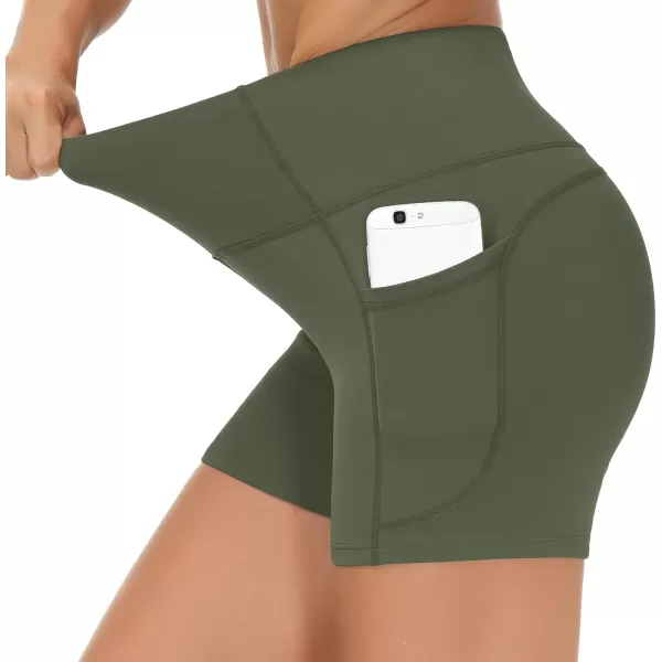 THE GYM PEOPLE High Waist Yoga Shorts for Womens Tummy Control Fitness Athletic Workout Running Shorts with Deep PocketsBean Green