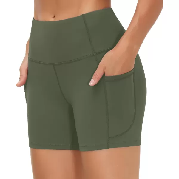 THE GYM PEOPLE High Waist Yoga Shorts for Womens Tummy Control Fitness Athletic Workout Running Shorts with Deep PocketsBean Green