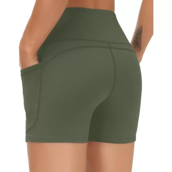 THE GYM PEOPLE High Waist Yoga Shorts for Womens Tummy Control Fitness Athletic Workout Running Shorts with Deep PocketsBean Green