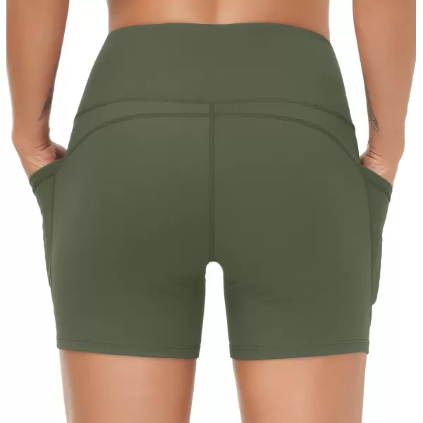 THE GYM PEOPLE High Waist Yoga Shorts for Womens Tummy Control Fitness Athletic Workout Running Shorts with Deep PocketsBean Green