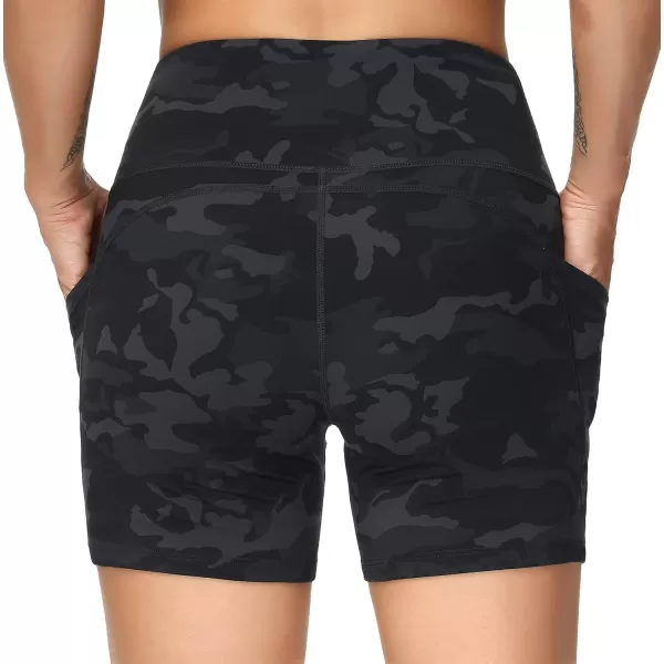 THE GYM PEOPLE High Waist Yoga Shorts for Womens Tummy Control Fitness Athletic Workout Running Shorts with Deep PocketsBlack Camo