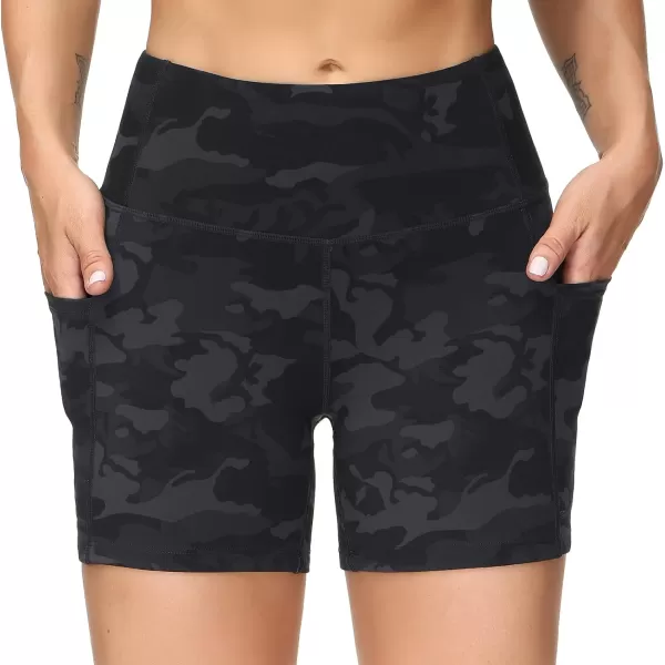 THE GYM PEOPLE High Waist Yoga Shorts for Womens Tummy Control Fitness Athletic Workout Running Shorts with Deep PocketsBlack Camo