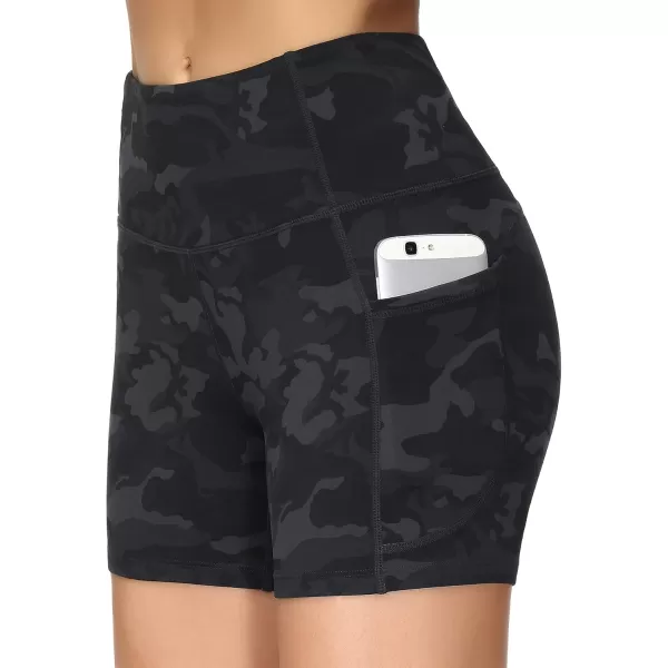 THE GYM PEOPLE High Waist Yoga Shorts for Womens Tummy Control Fitness Athletic Workout Running Shorts with Deep PocketsBlack Camo