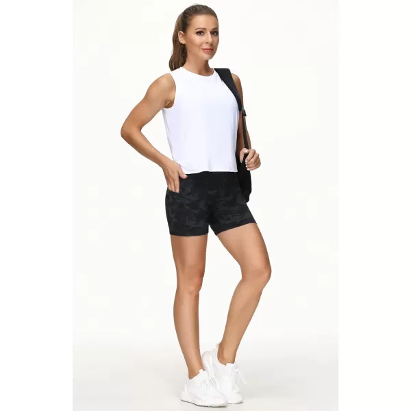 THE GYM PEOPLE High Waist Yoga Shorts for Womens Tummy Control Fitness Athletic Workout Running Shorts with Deep PocketsBlack Camo