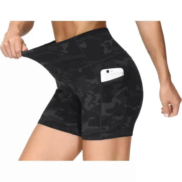 THE GYM PEOPLE High Waist Yoga Shorts for Womens Tummy Control Fitness Athletic Workout Running Shorts with Deep PocketsBlack Camo