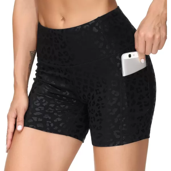 THE GYM PEOPLE High Waist Yoga Shorts for Womens Tummy Control Fitness Athletic Workout Running Shorts with Deep PocketsBlack Spot Leopard