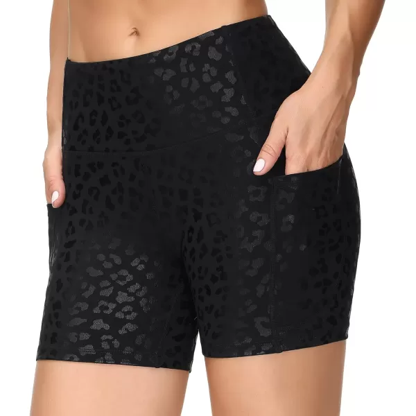 THE GYM PEOPLE High Waist Yoga Shorts for Womens Tummy Control Fitness Athletic Workout Running Shorts with Deep PocketsBlack Spot Leopard