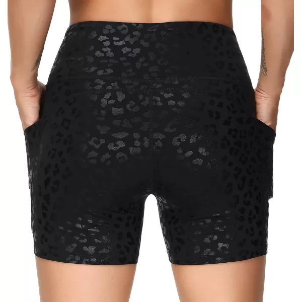 THE GYM PEOPLE High Waist Yoga Shorts for Womens Tummy Control Fitness Athletic Workout Running Shorts with Deep PocketsBlack Spot Leopard