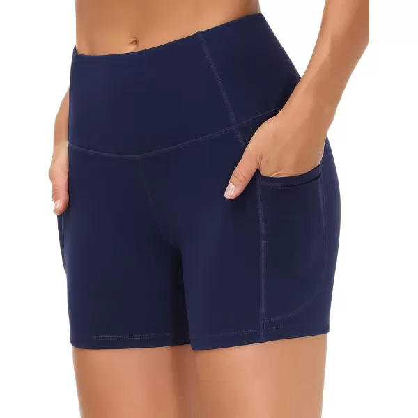 THE GYM PEOPLE High Waist Yoga Shorts for Womens Tummy Control Fitness Athletic Workout Running Shorts with Deep PocketsBlue