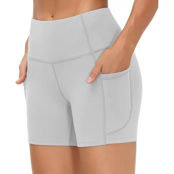 THE GYM PEOPLE High Waist Yoga Shorts for Womens Tummy Control Fitness Athletic Workout Running Shorts with Deep PocketsBright Grey