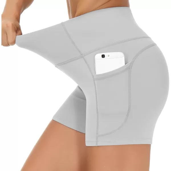 THE GYM PEOPLE High Waist Yoga Shorts for Womens Tummy Control Fitness Athletic Workout Running Shorts with Deep PocketsBright Grey