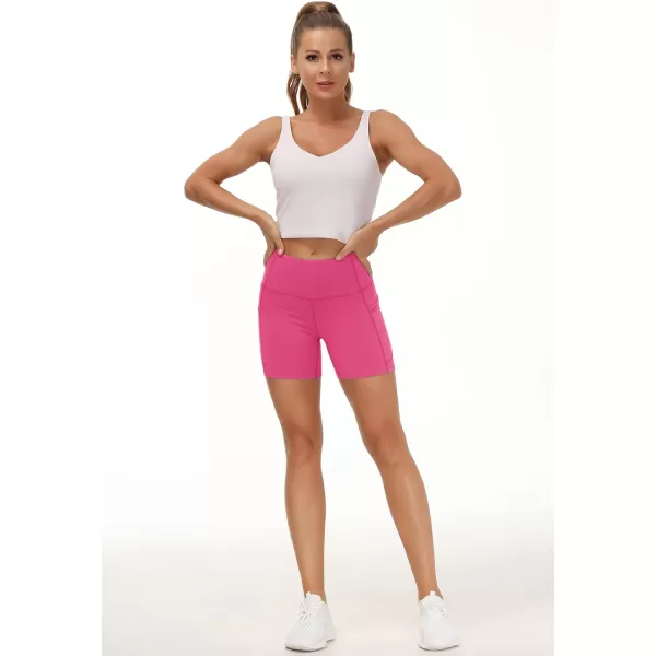THE GYM PEOPLE High Waist Yoga Shorts for Womens Tummy Control Fitness Athletic Workout Running Shorts with Deep PocketsBright Pink