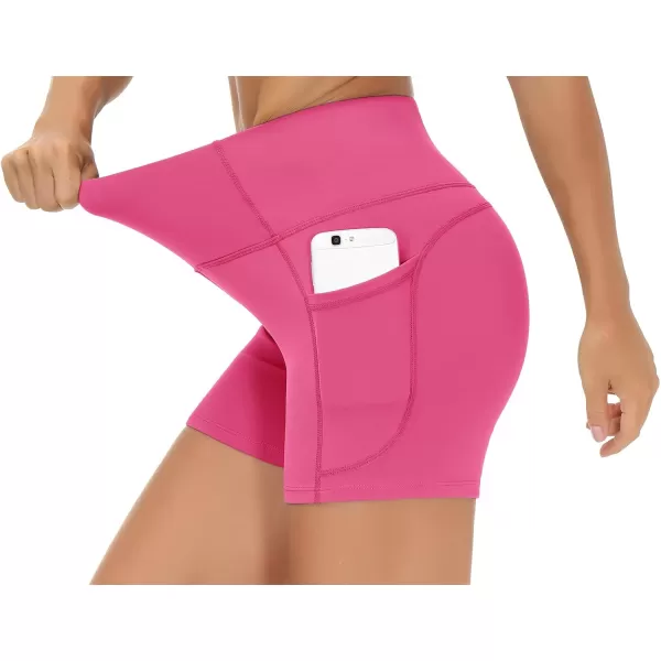 THE GYM PEOPLE High Waist Yoga Shorts for Womens Tummy Control Fitness Athletic Workout Running Shorts with Deep PocketsBright Pink
