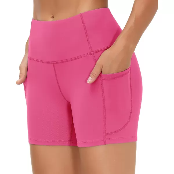 THE GYM PEOPLE High Waist Yoga Shorts for Womens Tummy Control Fitness Athletic Workout Running Shorts with Deep PocketsBright Pink