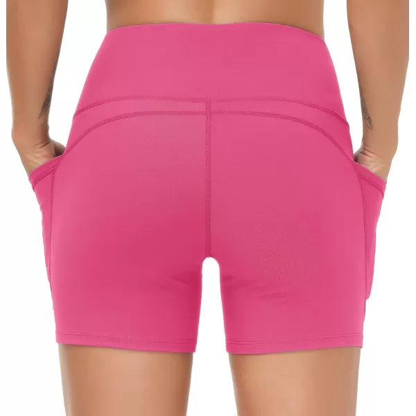 THE GYM PEOPLE High Waist Yoga Shorts for Womens Tummy Control Fitness Athletic Workout Running Shorts with Deep PocketsBright Pink