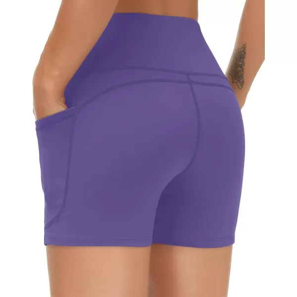 THE GYM PEOPLE High Waist Yoga Shorts for Womens Tummy Control Fitness Athletic Workout Running Shorts with Deep PocketsBright Purple