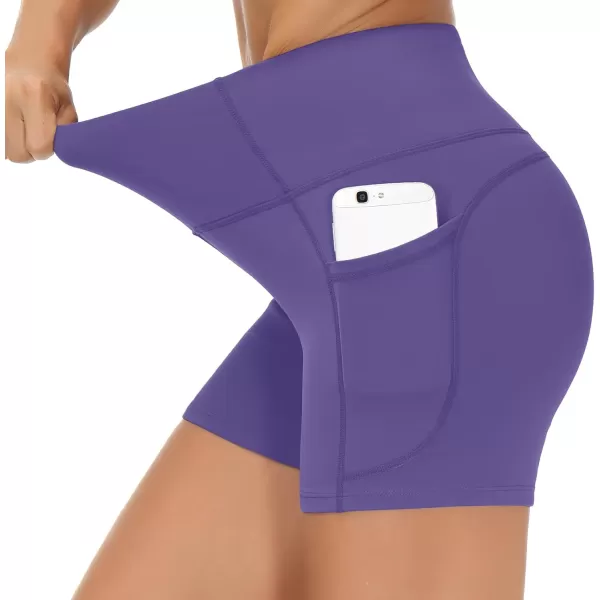 THE GYM PEOPLE High Waist Yoga Shorts for Womens Tummy Control Fitness Athletic Workout Running Shorts with Deep PocketsBright Purple