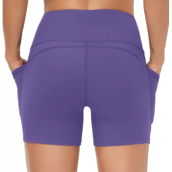 THE GYM PEOPLE High Waist Yoga Shorts for Womens Tummy Control Fitness Athletic Workout Running Shorts with Deep PocketsBright Purple
