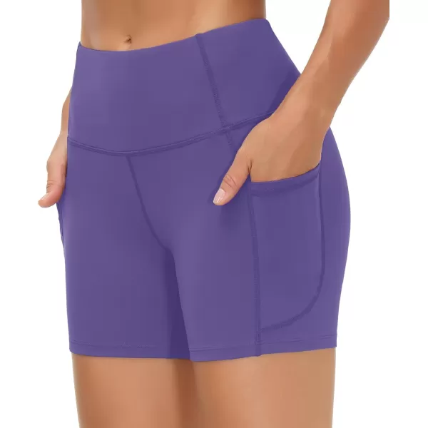 THE GYM PEOPLE High Waist Yoga Shorts for Womens Tummy Control Fitness Athletic Workout Running Shorts with Deep PocketsBright Purple