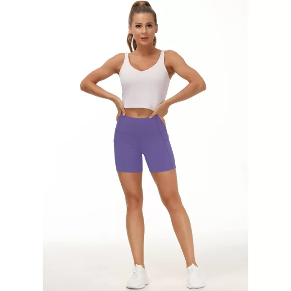 THE GYM PEOPLE High Waist Yoga Shorts for Womens Tummy Control Fitness Athletic Workout Running Shorts with Deep PocketsBright Purple