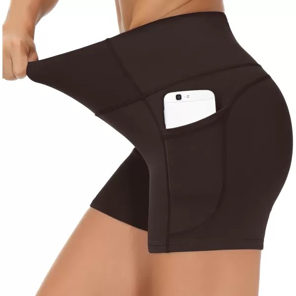 THE GYM PEOPLE High Waist Yoga Shorts for Womens Tummy Control Fitness Athletic Workout Running Shorts with Deep PocketsBrown
