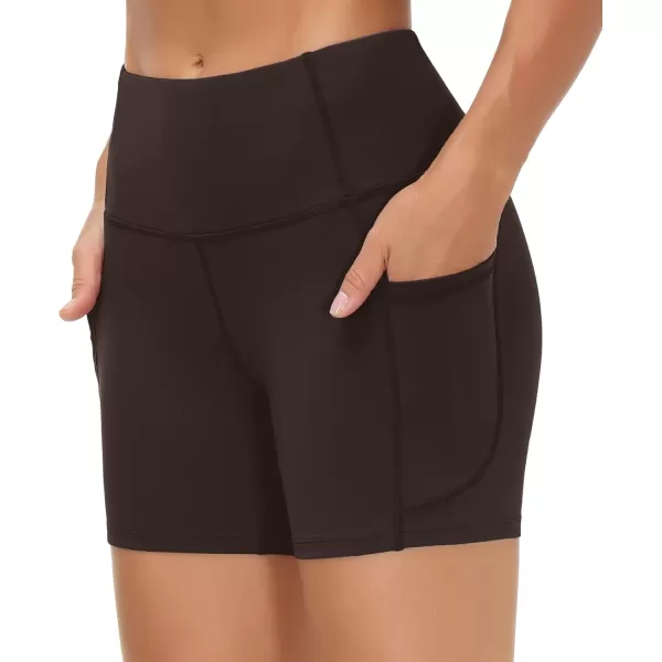 THE GYM PEOPLE High Waist Yoga Shorts for Womens Tummy Control Fitness Athletic Workout Running Shorts with Deep PocketsBrown