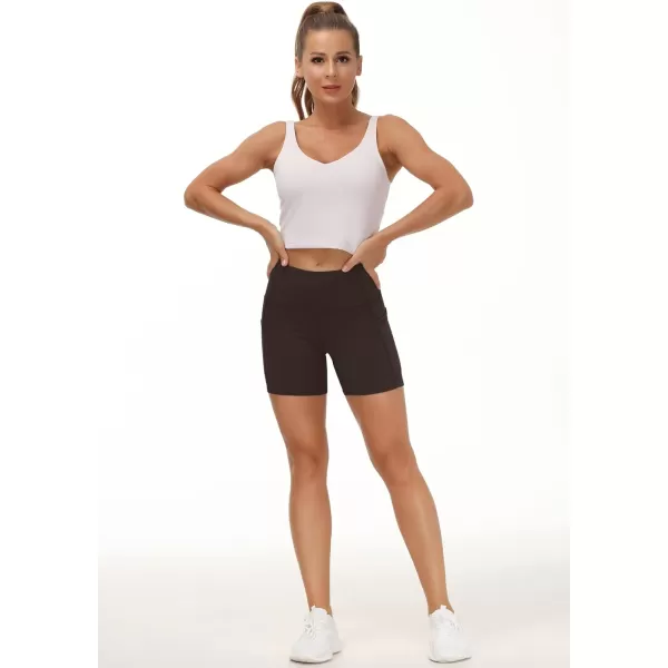 THE GYM PEOPLE High Waist Yoga Shorts for Womens Tummy Control Fitness Athletic Workout Running Shorts with Deep PocketsBrown