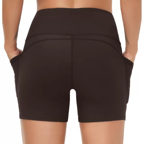 THE GYM PEOPLE High Waist Yoga Shorts for Womens Tummy Control Fitness Athletic Workout Running Shorts with Deep PocketsBrown