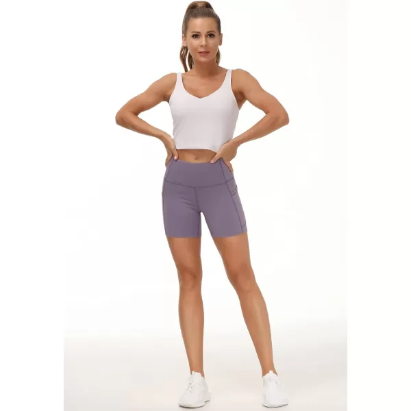 THE GYM PEOPLE High Waist Yoga Shorts for Womens Tummy Control Fitness Athletic Workout Running Shorts with Deep PocketsCrystal Purple