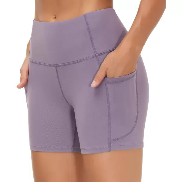 THE GYM PEOPLE High Waist Yoga Shorts for Womens Tummy Control Fitness Athletic Workout Running Shorts with Deep PocketsCrystal Purple