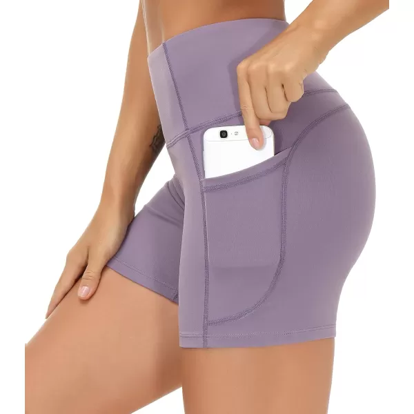 THE GYM PEOPLE High Waist Yoga Shorts for Womens Tummy Control Fitness Athletic Workout Running Shorts with Deep PocketsCrystal Purple